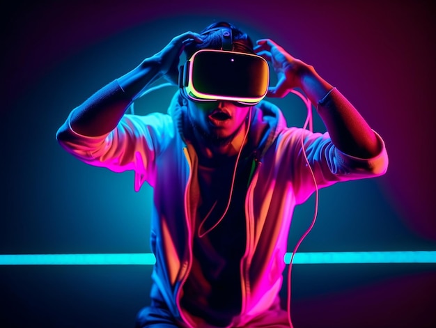 Homem asiático usando fone de ouvido VR e experimentando metaverso de realidade virtual e mundo de fantasia