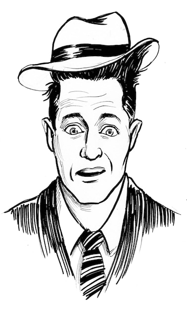Foto homem assustado de terno e chapéu. desenho de tinta preto e branco