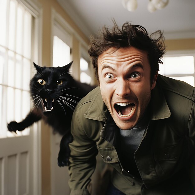Foto homem assustado foge de um predador malvado gato preto zangado o gato pulou sobre o homem
