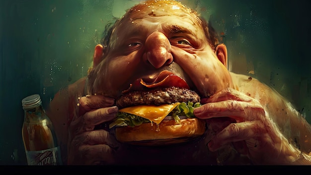 Homem assustador a comer hambúrguer.