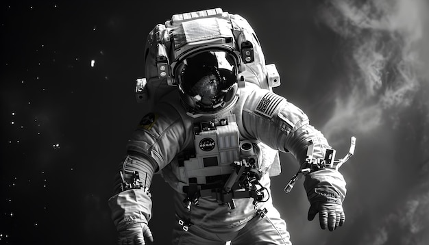 Homem astronauta em fato espacial flutuando no espaço