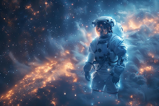 Homem astronauta em um terno espacial está em frente a uma nuvem de fogo criando uma sensação de perigo e aventura