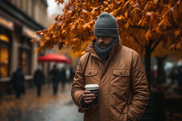 Homem atencioso de casaco quente segurando café na rua da cidade no outono