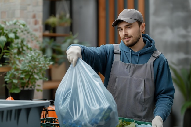 Homem atencioso removendo sacos de lixo da lixeira doméstica para a eliminação adequada dos resíduos