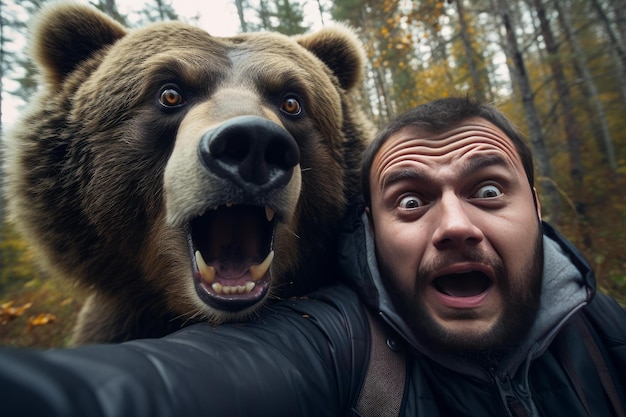 Foto homem aterrorizado, assustado, selfie com urso.