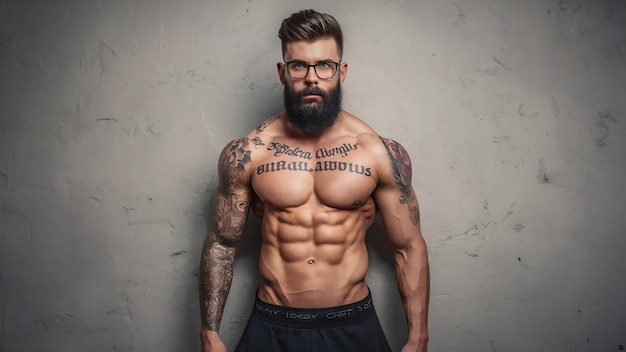 Homem atlético barbudo hipster sem camisa com corpo musculoso tatuado em fundo de vinheta cinza