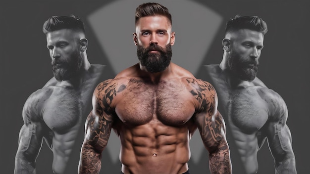 Homem atlético barbudo hipster sem camisa com corpo musculoso tatuado em fundo de vinheta cinza