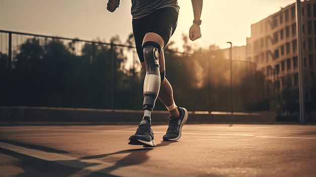 Homem atlético com perna protética corre ao ar livre exercício e conceito de esportes