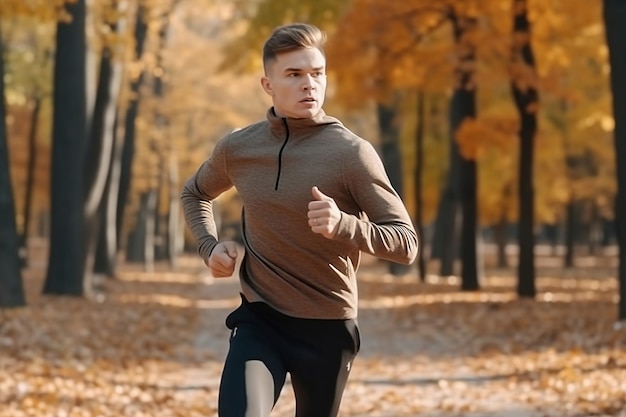 Homem atlético em uma roupa esportiva está correndo correndo em um fundo horizontal do parque outono outono