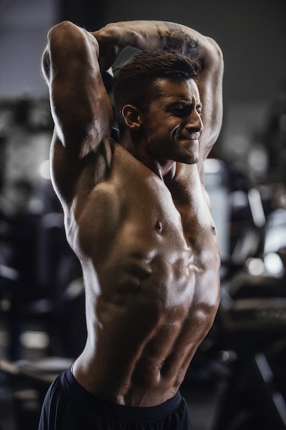 Homem atlético forte bonito, bombeando os músculos treino fitness e conceito de musculação fundo - homens de aptidão muscular fisiculturista fazendo braços abdominais, exercícios nas costas no tronco nu de ginásio