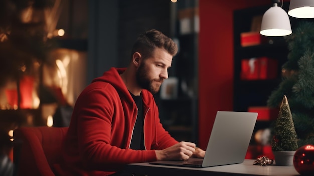 Homem atraente a fazer compras online para presentes de Natal.