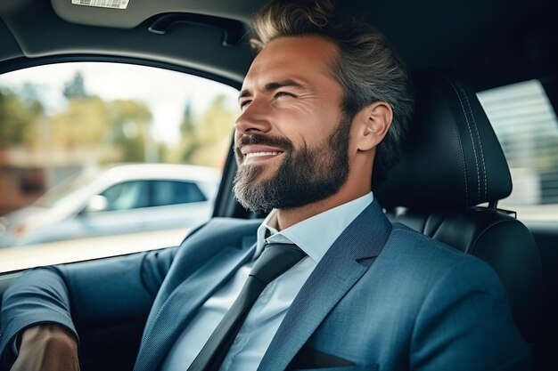 Homem atraente, elegante, feliz, com um bom carro.