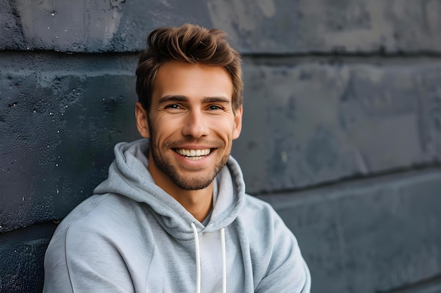 Foto homem atraente em uma camisola com um sorriso alegre em seu rosto conceito retrato fotografia homens39s moda expressões alegre estilo casual