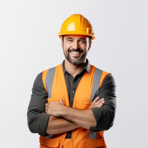 Homem atraente no capacete de construção