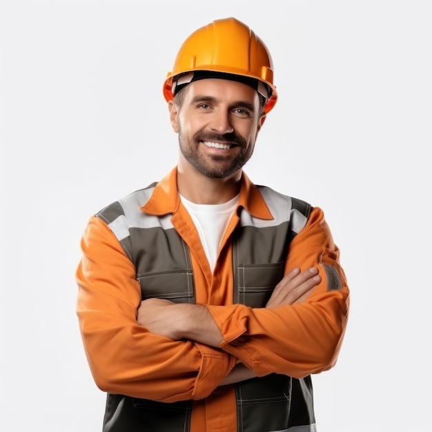 Homem atraente no capacete de construção