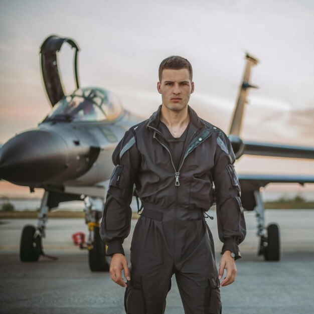 Homem atraente piloto na frente de avião de combate furtivo