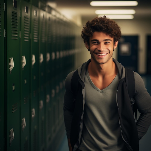 Foto homem atraente sorrindo na frente de armários no estilo da arte acadêmica