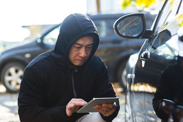 Homem bandido ladrão ladrão de carros asiático usa tablet para desligar o alarme do carro