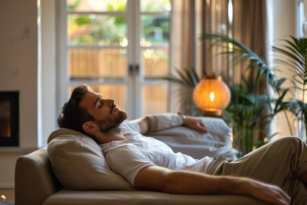 Foto homem barbudo a dormir no sofá perto das plantas da casa