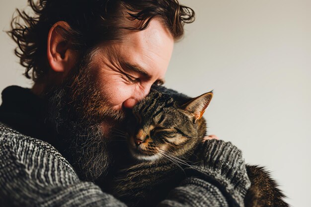 Homem barbudo abraça seu gato em um fundo branco