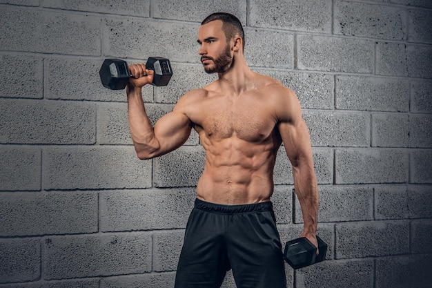 Homem barbudo atlético sem camisa fazendo exercícios com halteres sobre fundo de parede cinza.