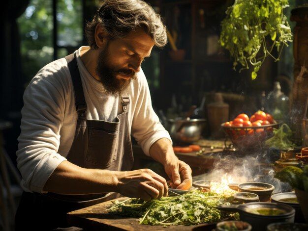 Homem barbudo bonito cozinhando vegetais na cozinha em casa IA generativa