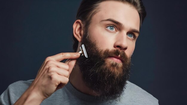 Foto homem barbudo com barba longa a barbear o cabelo com uma lâmina de barbear