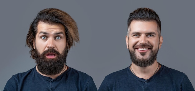 Foto homem barbudo com barba longa e bigode ou hipster bonito na barbearia barbeado vs barba por fazer cabeleireiro de barbeiro antes e depois estilista de cabelo estilo de cabelo design de barbearia conjunto de retrato do homem