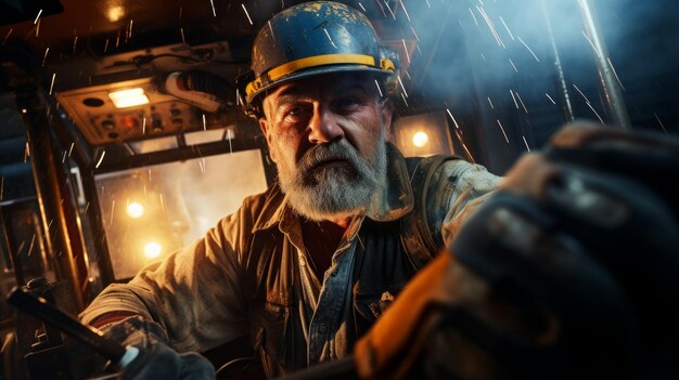 Foto homem barbudo com chapéu e luvas de trabalho opera máquinas pesadas em um ambiente industrial