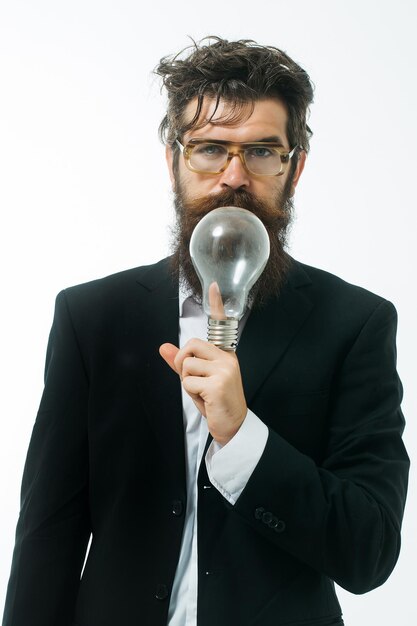 Homem barbudo com lâmpada como símbolo da fórmula einstein