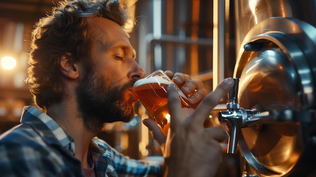 Foto homem barbudo de camisa a xadrez está provando sua cerveja artesanal na cervejaria