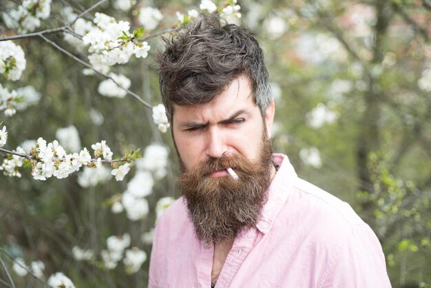 Homem barbudo de camisa rosa fumando cigarro no jardim florido hábito insalubre Macho brutal andando no parque florescendo Homem com cabelo bagunçado e bigode elegante posando ao ar livre