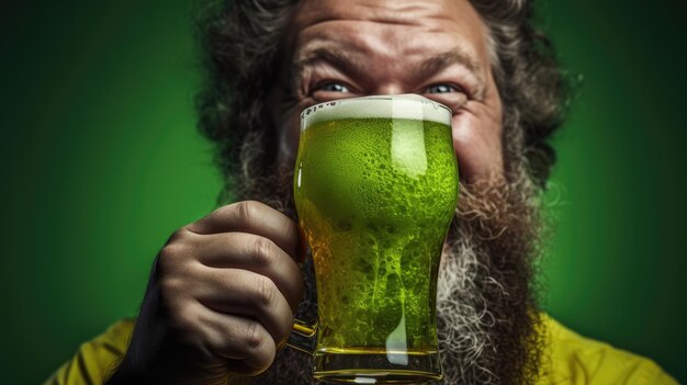 Homem barbudo de camisa verde segurando um copo de cerveja verde expressão feliz o homem está ao ar livre com um