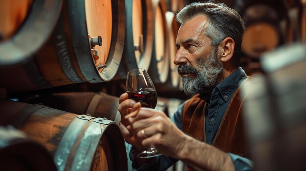 Homem barbudo de colete inspeciona um copo de vinho vermelho em uma adega