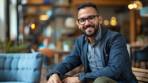 Homem barbudo de óculos sorrindo e olhando para a câmera enquanto está sentado em um escritório moderno