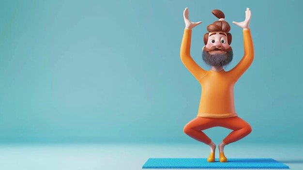 Foto homem barbudo engraçado fazer exercícios de ioga em matte personagem 3d isolado em fundo azul