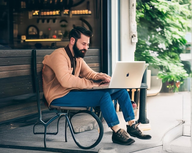 Homem barbudo estilo hipster que trabalha como freelancer online Ele está sentado em uma cafeteria aconchegante