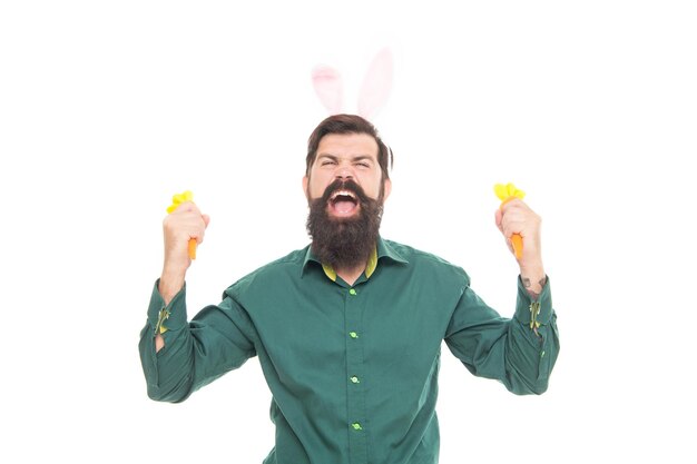 Homem barbudo feliz usa orelhas de coelho engraçadas no feriado da páscoa segura ovos pintados isolados na páscoa feliz branca