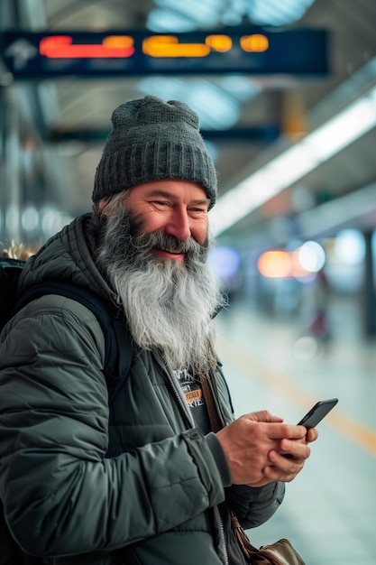 Homem barbudo feliz usando smartphone no aeroporto com espaço de colocação de texto