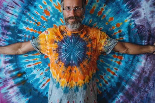Foto homem barbudo feliz vestindo camisa colorida com fundo psicodélico correspondente