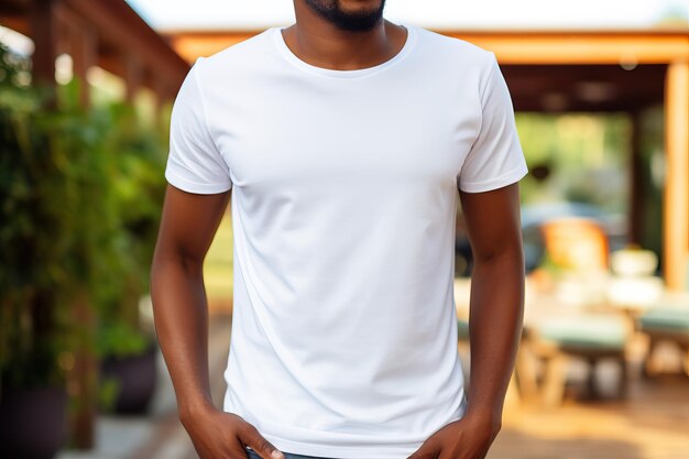 Foto homem barbudo irreconhecível no quintal de sua casa vestindo uma camiseta branca simples.