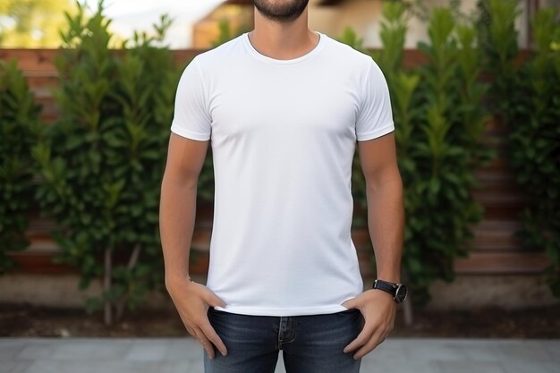 Foto homem barbudo irreconhecível no quintal de sua casa vestindo uma camiseta branca simples.