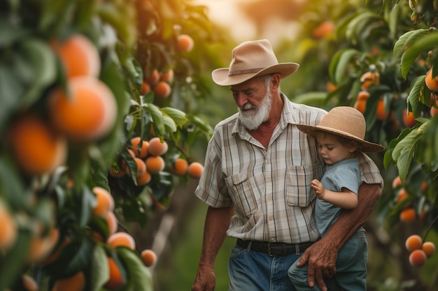 Foto homem barbudo maduro fazendeiro com neto caminhando juntos na fazenda de pêssegos