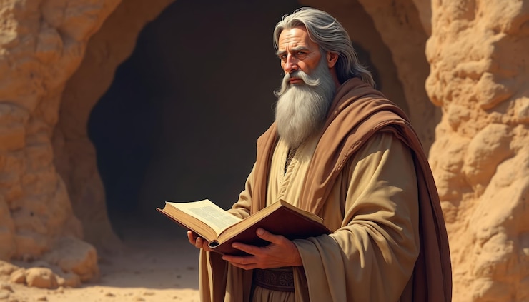 Foto homem barbudo segura um livro aberto como um líder espiritual figura religiosa em um local desértico