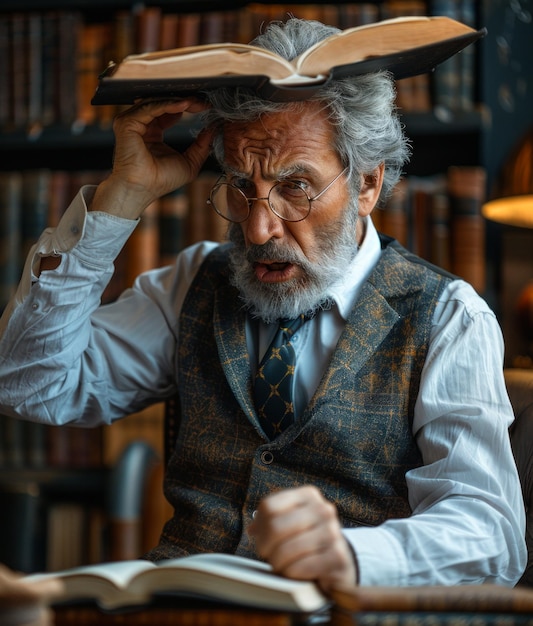 Foto homem barbudo sênior aprende e lê livro na biblioteca