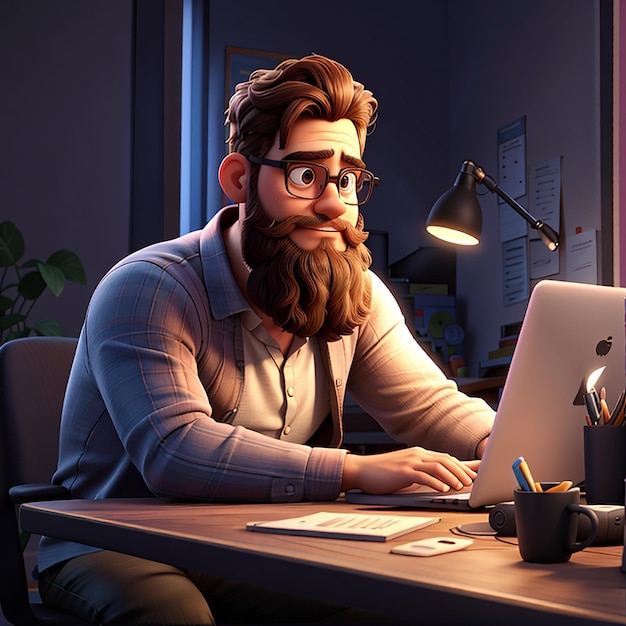 Homem barbudo sentado na frente de um laptop homem trabalhando em computador freelancer renderização 3D ilustração 3D