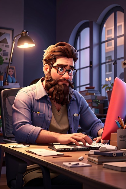 Homem barbudo sentado na frente de um laptop homem trabalhando em computador freelancer renderização 3D ilustração 3D