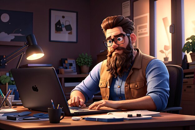 Homem barbudo sentado na frente de um laptop homem trabalhando em computador freelancer renderização 3D ilustração 3D