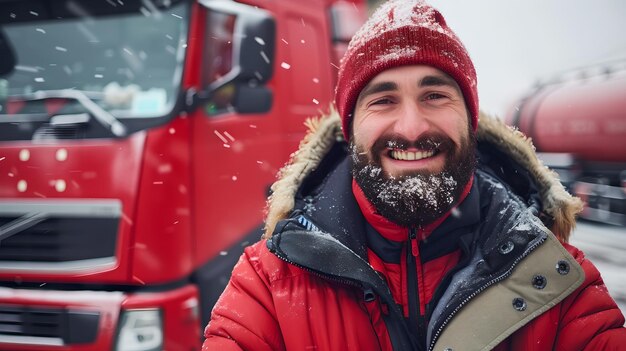 Homem barbudo sorridente em trajes de inverno com flocos de neve contra o fundo de caminhão vermelho Retrato candido roupas quentes ao ar livre Humor alegre em tempo de neve AI