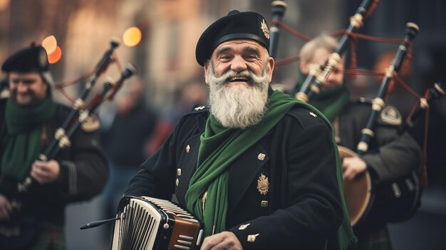 Homem barbudo tocando acordeão para uma apresentação musical animada no Dia de São Patrício